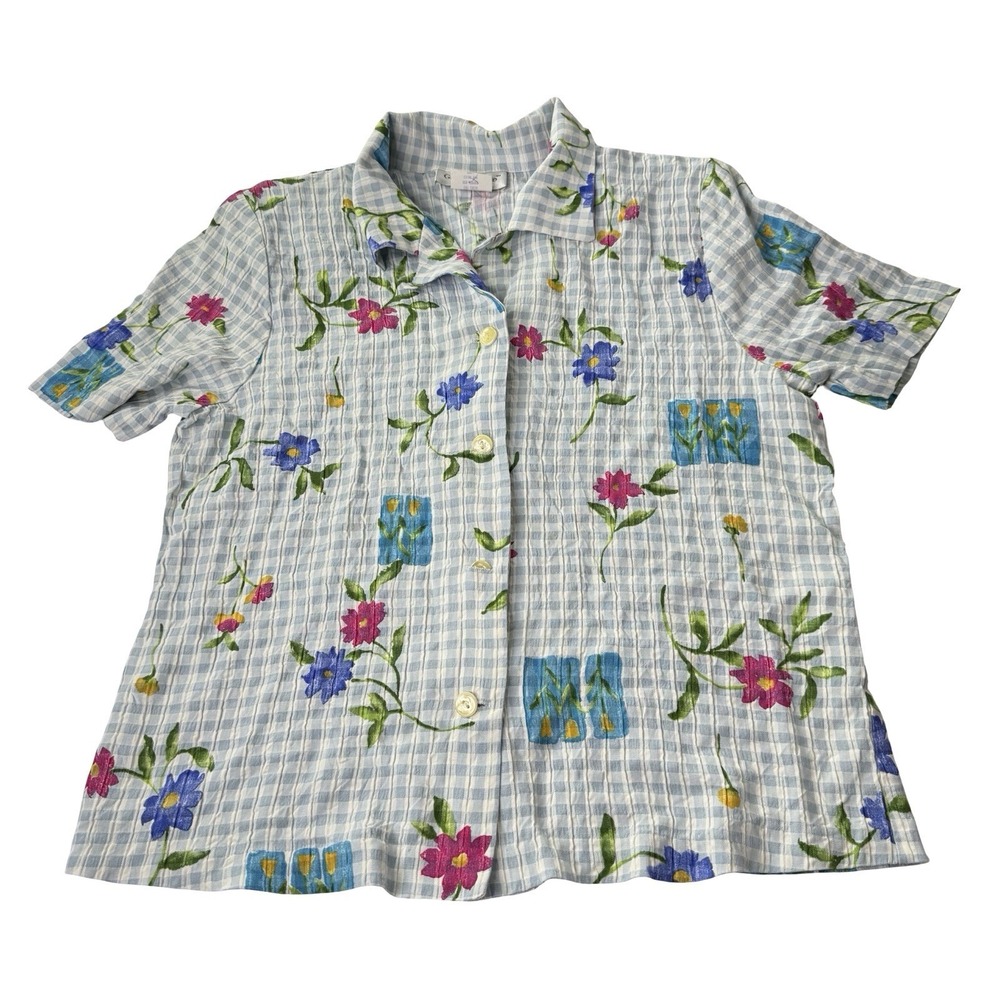 Graver Studio Womens Small Floral Gingham Button Front Blouse USA Cottagecore
